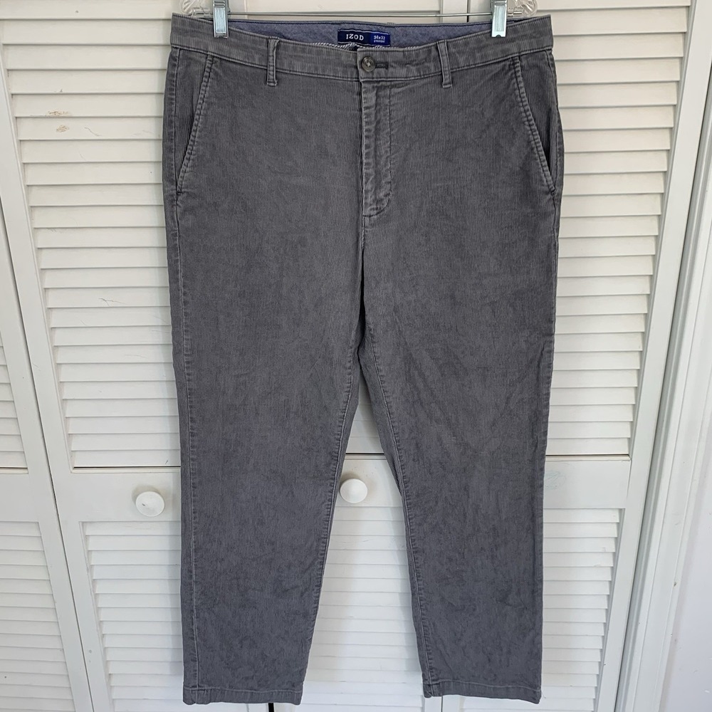 IZOD Corduroy Pants Mens Straight Fit Charcoal Grey 34x32 Cotton Stretch Preppy